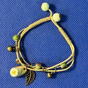 Ceramic Forrest Flower Bracelet with Leaf and Bell Waxed Thread BoHo Bracelet